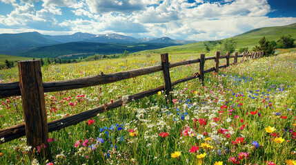 Fototapeta premium A stunning view of a mountain meadow filled with diverse and colorful wildflowers, framed by a rustic wooden fence with a backdrop of majestic snow-capped peaks and a vivid blue sky.
