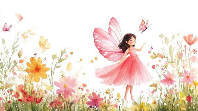 Watercolor of a pink fairy surrounded by flowers, ideal for baby shower or birthday cards.