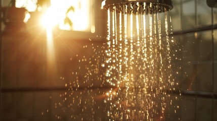 Obraz premium Serene bathroom scene with showerhead and water cascade illuminated by soft sunlight rays