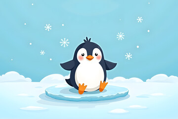 Cute penguin with a cheerful expression standing on an ice floe against a blue winter background