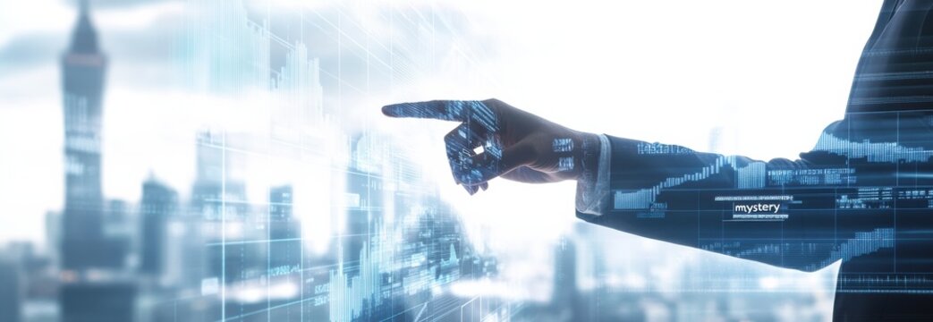 Business professional analyzing digital financial data with futuristic technology interface and mystery text overlay against a city skyline backdrop - Powered by Adobe