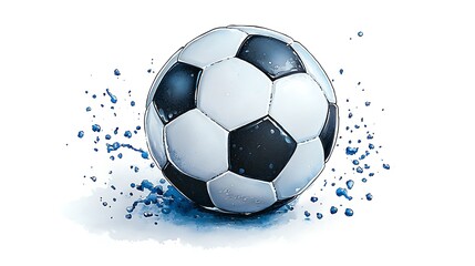 A watercolor soccer ball explodes in a splash of water, frozen in motion.