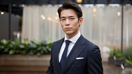 A handsome man from Japan, his clean-cut look and focused expression capturing the elegance of modern Japanese style