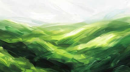 Obraz premium Abstract background featuring green and gray strokes over a serene meadow and hills