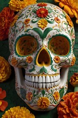 Fototapeta premium illustration of a Day of the Dead sugar skull with colorful patterns