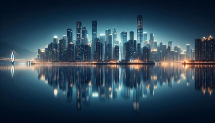Obraz premium Stunning futuristic city skyline at night, with glowing lights reflecting on calm water. The illuminated bridge adds to the modern architectural beauty. Perfect for urban, sci-fi, and cityscape themes