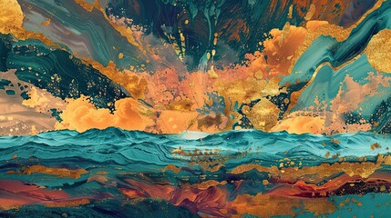 Naklejka premium Wallpaper with gold and teal strokes over a scenic steppe and twilight sky view