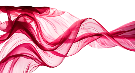 Fabric in shades of pink. The fabric appears light and silky, with a smooth texture that catches the light, creating subtle reflections and shadows. Isolated from the background..