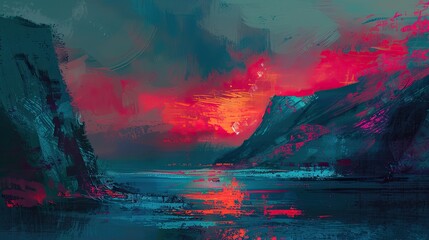 Crimson and teal brushstrokes showing a dramatic fjord with cliffs and sunset sky