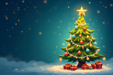 Obraz premium Beautifully decorated Christmas tree with colorful ornaments and presents underneath against a dark background
