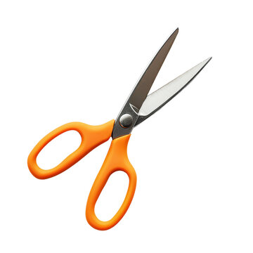 A pair of orange-handled scissors with sharp metal blades positioned against a black background.