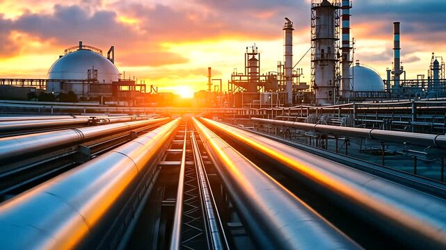 Massive LNG storage tank towering over a vast industrial landscape, with pipelines