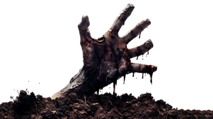 Zombie hand reaching up from the ground, isolated on a white background