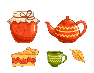 Colorful Warm Autumn Elements Including A Teapot, Slice Of Pie, Cup Of Tea, And Jar Of Jam Isolated on White Background
