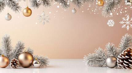 Fototapeta premium Elegant Christmas decorations featuring silver and gold ornaments, pine branches, and snowflakes on a soft beige background