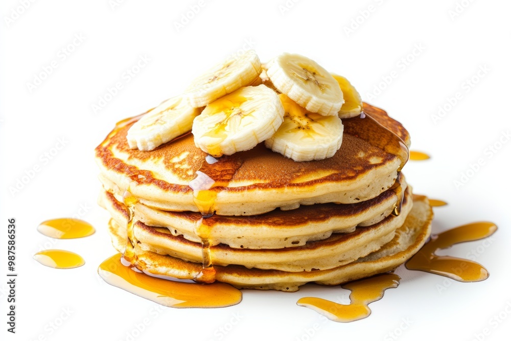 Poster Stack of banana pancakes topped with sliced bananas and maple syrup on solid white background, single object