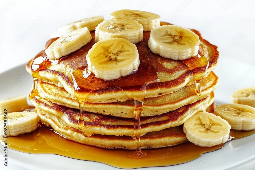 Aufkleber Stack of banana pancakes topped with sliced bananas and maple syrup on solid white background, single object
