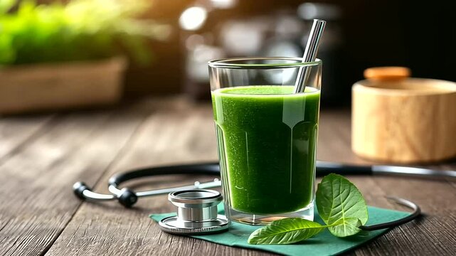 A glass of green smoothie with a stethoscope on a wooden table, representing natural dietary medicine and detoxification