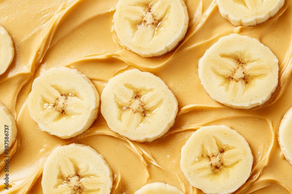 Poster sliced banana with creamy peanut butter spread on a solid white background, detailed texture