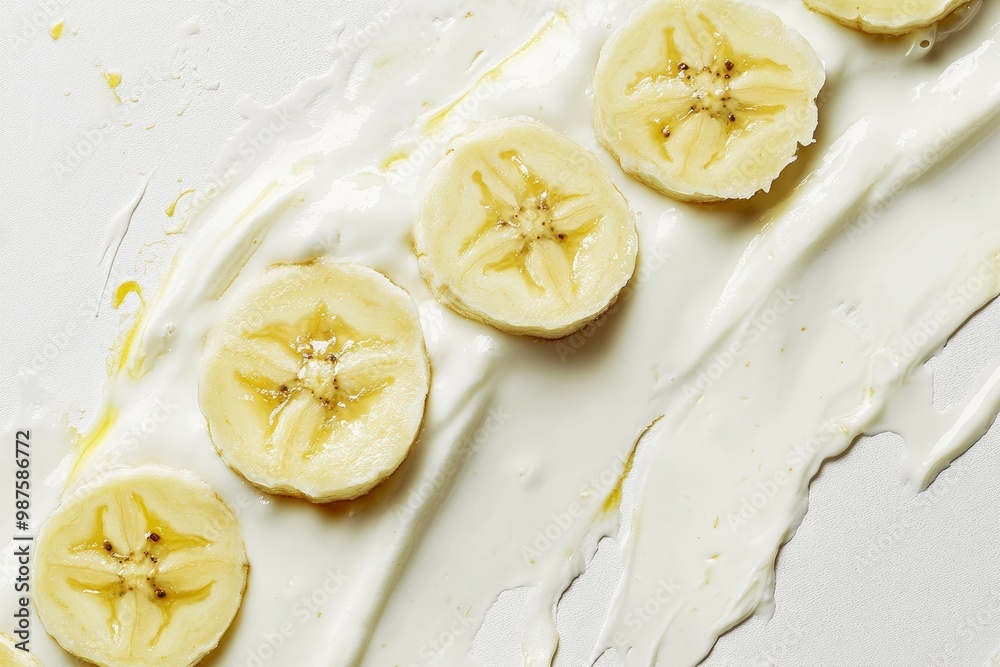 Poster sliced banana in creamy yogurt on a solid white background, close-up detail