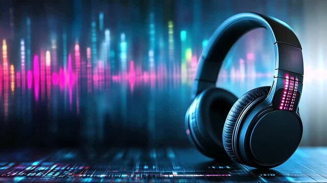 A pair of sleek headphones with cascading, colorful sound waves, representing the spectrum of sound and advanced audio engineering
