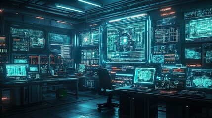 Futuristic glowing neon control panels in dark ultra spaceship picture