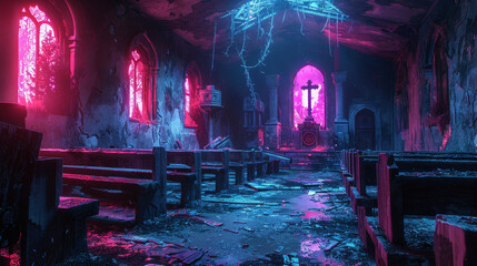 Obraz premium Abandoned Church with Neon Light Reflections