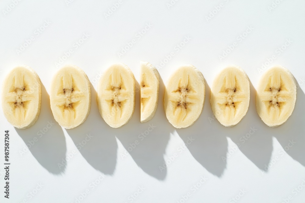Aufkleber Perfectly sliced banana pieces arranged in a neat row on solid white background, isolated objects