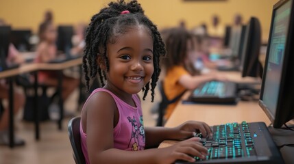 Elementary students learning coding, digital literacy in nurturing setting.