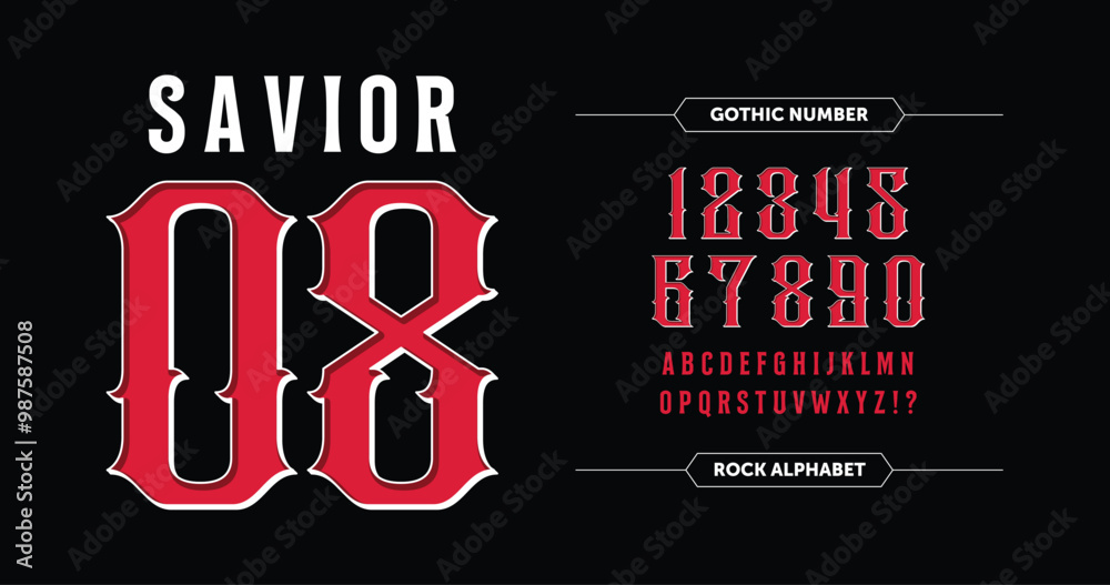 Fototapete hipster rock jersey number design: red numbers with white outline on black. featuring gothic bold re