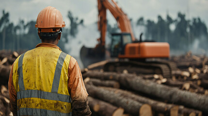 A lone logger working amidst miles of cut trees, focused on task ahead