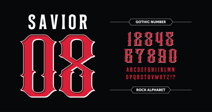 Hipster Rock Jersey Number Design: Red Numbers with White Outline on Black.
Featuring gothic bold red numbers with a white outline and clean white A-Z characters on a sleek black background. 