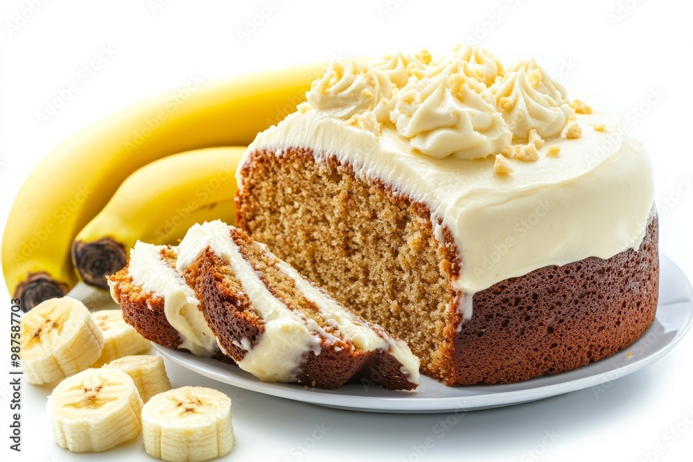 Poster moist banana cake with cream cheese frosting on solid white background, single object