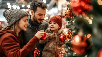 Happy family shopping for Christmas decorations , they are looking at xmas decorations to put on their Christmas tree and give their home a festive mood