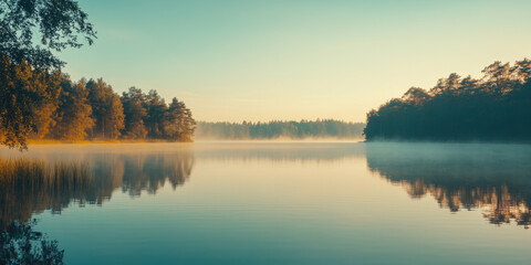 Fototapeta premium Serene Misty Lake During Golden Hour in Summer