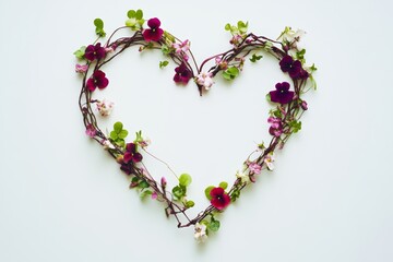 Obraz premium Heart made of flowers and vines on a clean white background, nature-inspired art