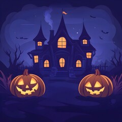 Fototapeta premium Haunted House with Glowing Pumpkins in Eerie Night Landscape Flat Design