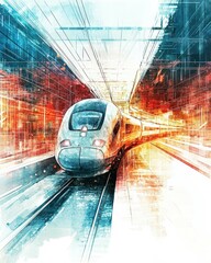 Obraz premium Dynamic illustration of a futuristic train in motion, blending colors and light, capturing the essence of speed and innovation.