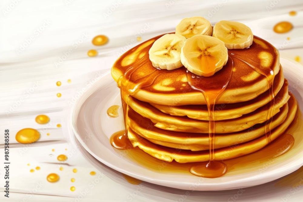 Poster Fluffy banana pancakes with butter and honey drizzle on white background, isolated objects
