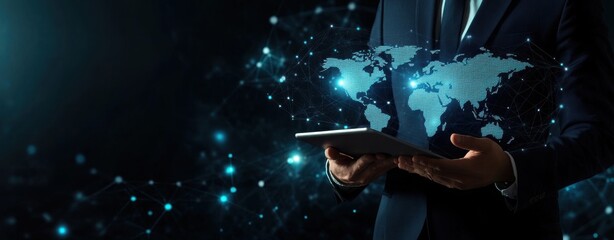 Businessman in a suit using a digital tablet displaying a world map with holographic global connections concept