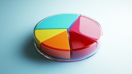 Fototapeta premium A sleek 3D pie chart with glossy, multicolored sections, illustrating market share or data distribution, set against a light, minimalist background.