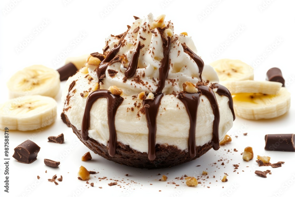 Poster delicious banana dessert topped with whipped cream and chocolate drizzle on solid white background, 