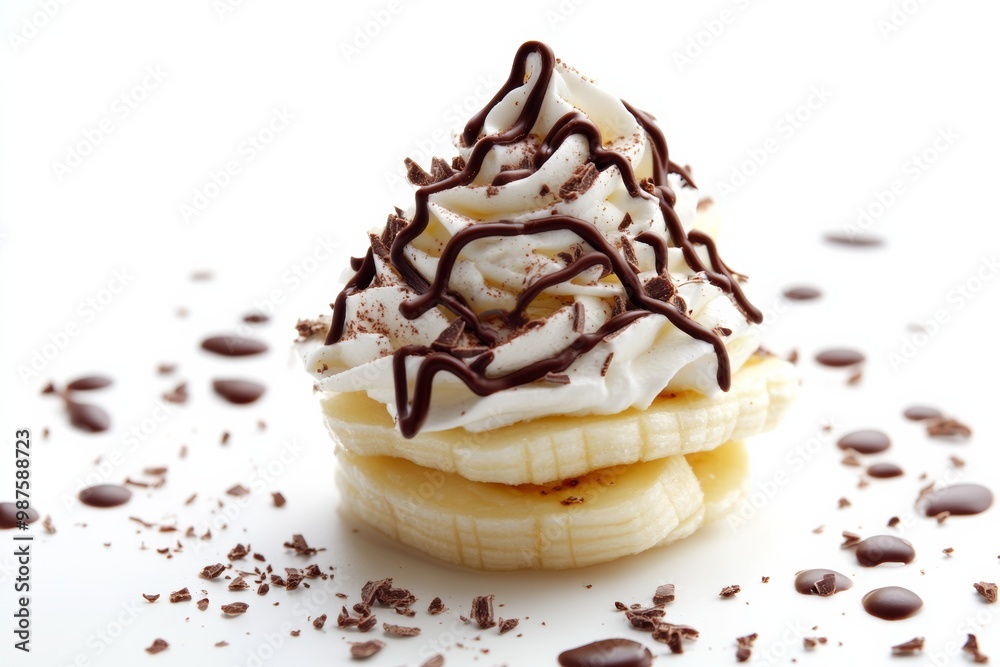 Poster delicious banana dessert topped with whipped cream and chocolate drizzle on solid white background, 