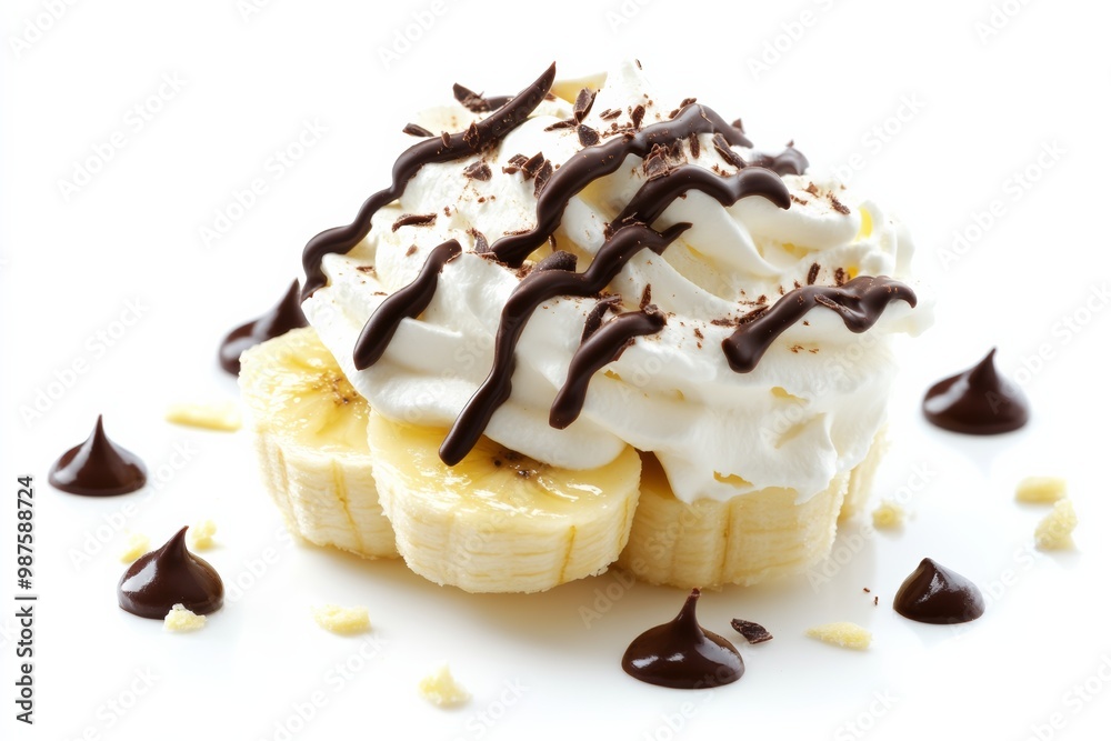 Poster delicious banana dessert topped with whipped cream and chocolate drizzle on solid white background, 