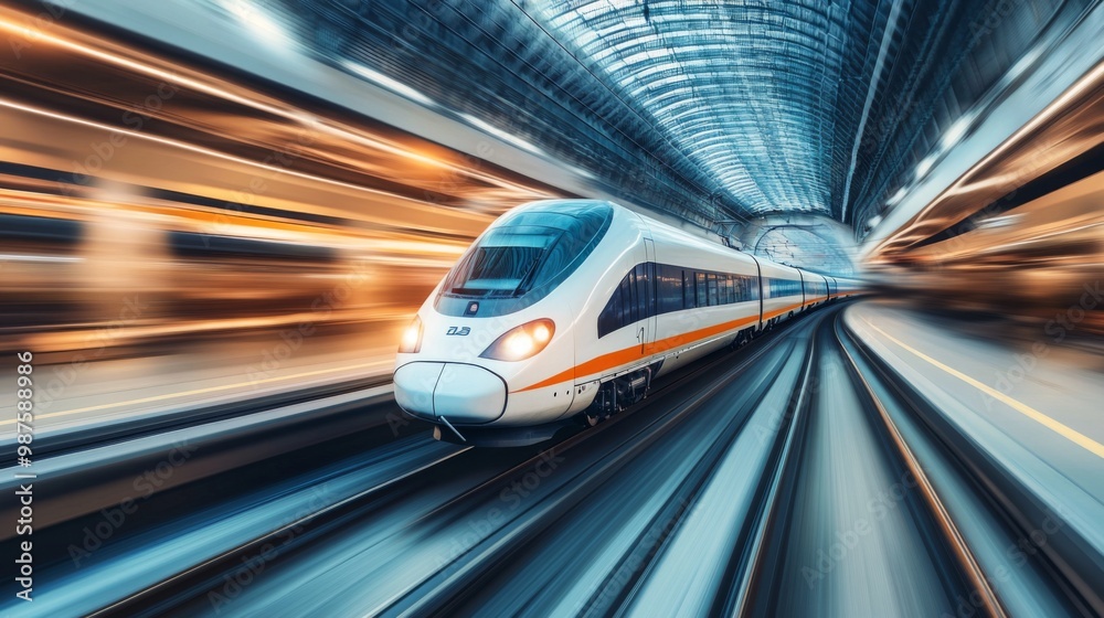 Aufkleber a sleek high-speed train zipping through a modern station, with blurred motion emphasizing its speed