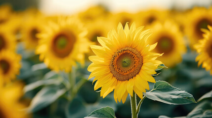 Fototapeta premium Vibrant sunflower in a golden field, capturing the essence of summer and nature's beauty, perfect for warm, sunny themes.