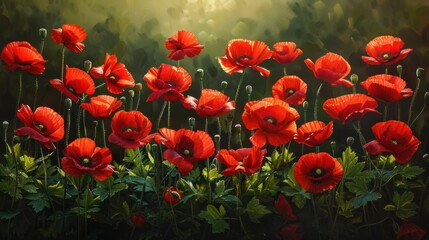 Obraz premium Vibrant Red Poppy Flowers Blooming in Lush Green Field on Sunny Day Beautiful floral scene with delicate poppy blossoms against a natural background creating a serene and captivating atmosphere