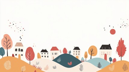 Simple illustration of an autumn cityscape with buildings, hills, and trees in minimal geometric flat style, ideal for a banner.