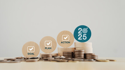 new year 2025 goal, plan, action. wooden blocks with text, goal,  plan, action, financial plans and...