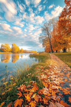 There is a lake on the road lined with colorful autumn leaves.